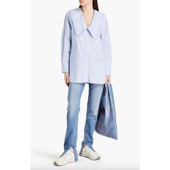 Ganni Striped ruffle-trimmed organic cotton-poplin shirt - Picture 1 of 8